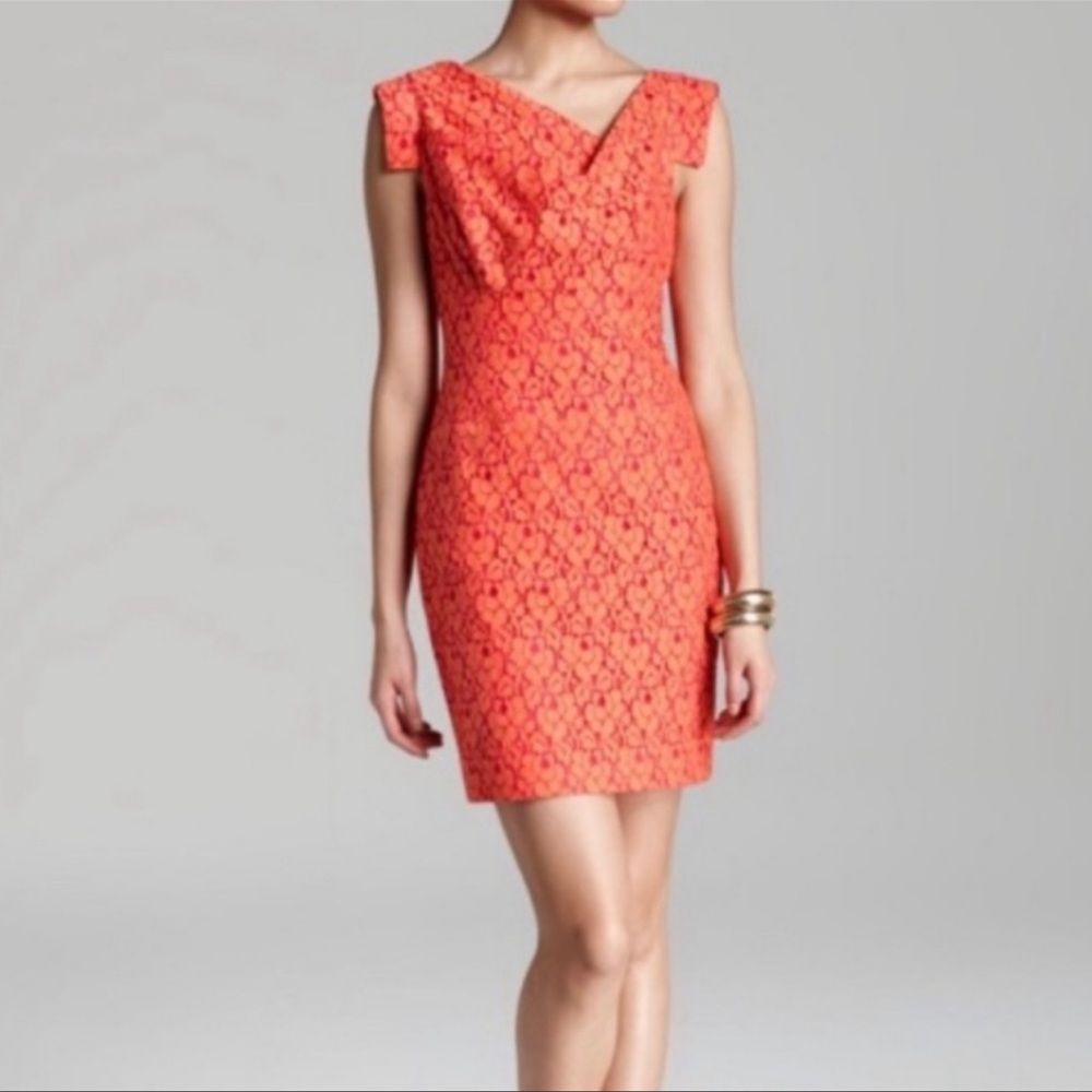 Black Halo Jackie O Raschel Lace Pink and Orange Lace Dress